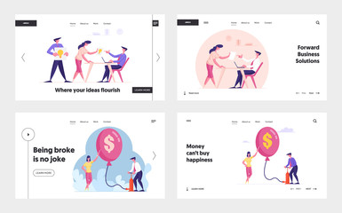Business Idea Project and Inflation Landing Page Template Set. Male and Female Characters Share Insights with Boss in Office, Businessman Inflating Air Balloon. Cartoon People Vector Illustration
