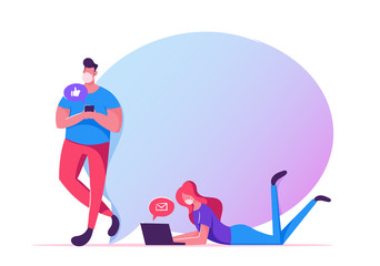 People Use Internet Services and Gadgets, Smart Technologies during Covid19 Pandemic. Characters in Medical Masks with Mobile and Laptop Chatting Texting in Social Media. Cartoon Vector Illustration