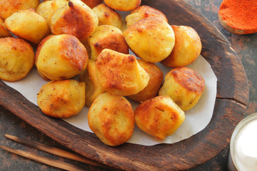 
dumplings, ravioli, fried with spices and sauce.