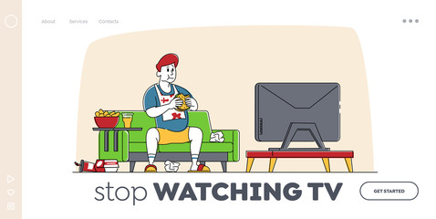 Fastfood Addiction, Unhealthy Eating Bad Habit, Obesity Landing Page Template. Fat Man Character Sitting on Couch at Home with Plenty of Fast Food Contain Oils Watch Tv. Linear Vector Illustration