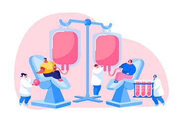 World Blood Donor Day, Donation, Health Care. Volunteers Characters Sitting in Medical Hospital Chairs Donating Blood. Doctor Women Nurses Take it in Test Flasks. Cartoon People Vector Illustration