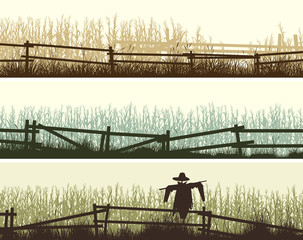 Set of horizontal banners silhouettes of cornfield and grass in front of it with a wooden fence. - 340594983