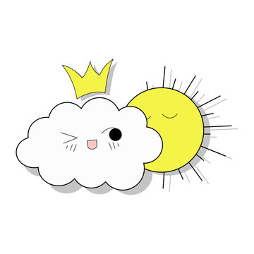  Shy cloud template with smile and sun. Isolated on a white background for children's parties. Cute baby shower vector background. Childish drawing style rainy clouds in love vector illustration.