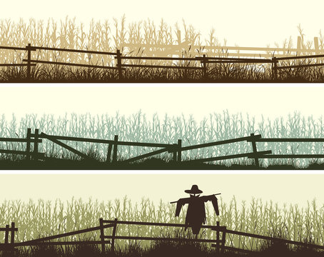 Set of horizontal banners silhouettes of cornfield and grass in front of it with a wooden fence.