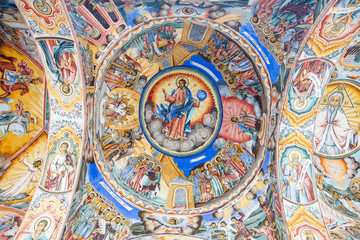 Orthodox Rila Monastery, a famous tourist attraction and cultural heritage monument in the Rila Nature Park mountains in Bulgaria