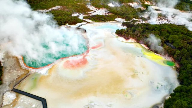 Geothermal Landscape with hot boiling mud and sulphur springs due to volcanic activity in Wai-O-Tapu, Thermal Wonderland New Zealand