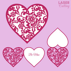 Laser cut template of fold card with decorative flowers patterned heart for brochures, wedding invitations or Valentine's Day greeting card.