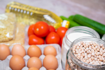 Food donations: fresh vegetables, chicken eggs, pasta, butter, sugar and cereals