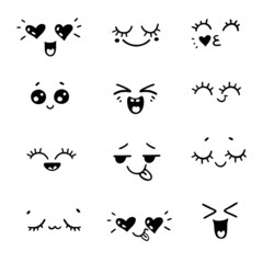 Positive emotions or hand drawn illustration emoji faces expressions. Vector cartoon style comic sketch icons set