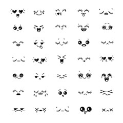 Big Set of different emotions or hand drawn illustration emoji faces expressions. Positive and negative flat icons. Vector cartoon style comic sketch icons set