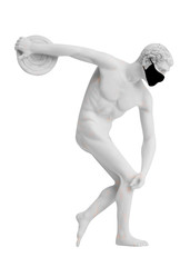 Athlete in a protective mask. Virus protection. Discus thrower an ancient Greek marble statue in a black mask. A concept of a world pandemic.