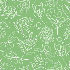 Olives seamless pattern with olive branches and fruits for Italian cuisine design or extra virgin oil food or cosmetic product packaging wrapper. Hand drawn Illustration in vector.