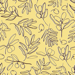 Fototapeta premium Olives seamless pattern with olive branches and fruits for Italian cuisine design or extra virgin oil food or cosmetic product packaging wrapper. Hand drawn Illustration in vector.