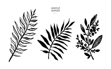 Linocut stamps of leaves. Vector illustration of leaflets.