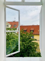 open window with a red roof