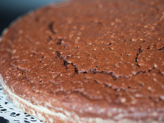 Chocolate sponge cake close-up. Homemade baking.