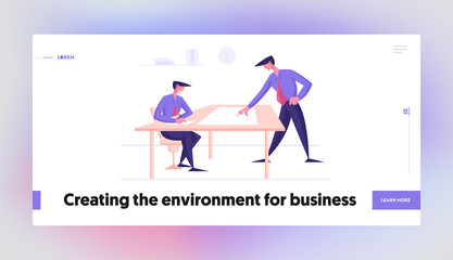 Teamwork Brainstorm Landing Page Template. Business People Discussing Working Project or Creative Idea. Employees Characters Sitting at Table with Plan in Office Workplace. Cartoon Vector Illustration