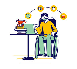 Distant Online Education. Young Man Student Character in Medical Mask Work on Laptop Sitting at Desk with Books Piles. Electronics Distant Learning during Covid19 Pandemic. Linear Vector Illustration