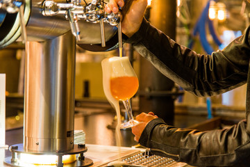 Barman serving a glass of beer with foam falling