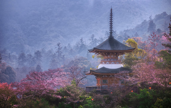 Historical five-story pagoda of Toyokuni Shrine and a typical Japanese roof in Miyajima, Hiroshima, Japan