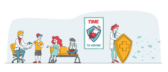 Medical Vaccination Concept. Doctor Character Holding Huge Shield Protecting Nurse Making Vaccine Dose Shot to Kids Protecting from Viruses, Health Immunization. Linear People Vector Illustration
