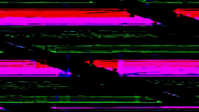 Real digital glitch. Computer virus. Video distortion with magenta pink red pixel noise.
