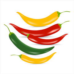 Multi-colored pods of chili pepper on a white background. Red, green and yellow. Realistic performance.