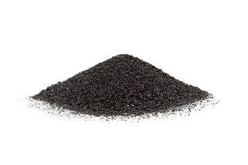 Abrasive powder black superslut in the form of slides on white background. Granulated slag is used for cleaning metal surfaces, from rust and paint. - obrazy, fototapety, plakaty