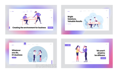 Obraz na płótnie Canvas Project Discussion, Dishonest Agreement, Faking Betray Partnership Landing Page Template Set. Business Characters Developing Idea, Wearing Mask for Conversation. Cartoon People Vector Illustration