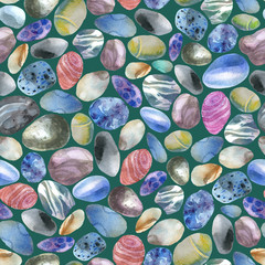 Watercolor illustration, pattern. Sea stones on a green background.