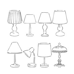 Set of sketched table lamps with lampshades. Vector illustration. Set of isolated black contoured objects on white background. table lamp vector sketch illustration