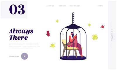 Stay Home Save Lives Landing Page Template. Female Character Sitting in Metal Birds Cage with Smartphone and Cat inside during Covid19 Pandemic Quarantine Self Isolation. Cartoon Vector Illustration
