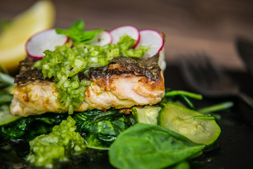 The food in the restaurant. Food styling and restaurant meal serving. Gourmet restaurant menu concept. Creative stylist restaurant