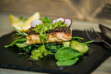 The food in the restaurant. Food styling and restaurant meal serving. Gourmet restaurant menu concept. Creative stylist restaurant
