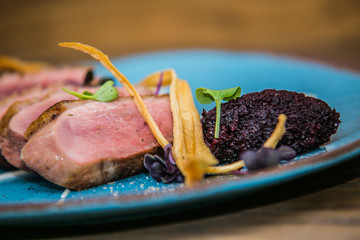 The food in the restaurant. Food styling and restaurant meal serving. Gourmet restaurant menu concept. Creative stylist restaurant