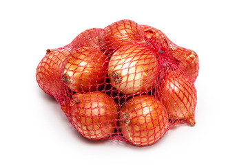 onions in a packing net isolated on white background
