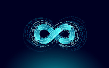 Devops software development operations infinity symbol. Programmer administration system life cycle quality. Coding building testing release monitoring. Online freelance vector illustration