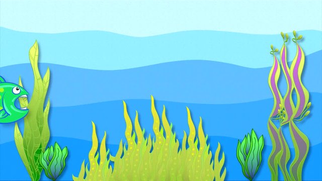 Red shrimp escapes from predatory fish among algae at the bottom of the sea. Animated looped paper footage with drawn characters. 2st part of 2.