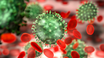 Virus under a microscope with red blood cells - 3d render