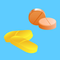 Mix of three different types of multicolored tablets, yellow, orange, round and oval on a blue background