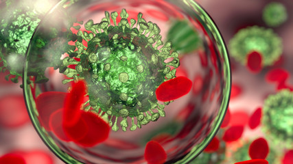 Virus under a microscope with red blood cells - 3d render
