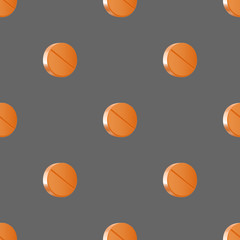 Seamless pattern of orange round pills on gray background, medical background for a clothes and fabric