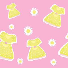 
Seamless vector pattern with yellow dress and flower on a pink background. textile or paper. girlish pattern