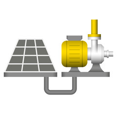 Water pump icon. Consist of centrifugal pump, pipe and solar panel. Powered by electric motor with solar energy. To produce flow and pressure, distribution and supply water for plumbing, irrigation.
