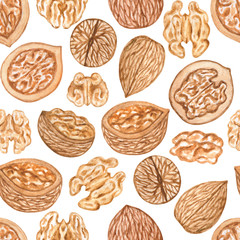 Watercolor nuts seamless pattern. Cashews, almonds, hazelnuts, walnut. Illustration for menu, catalog, restaurant, cartoon, game, kitchen, textile, decor.