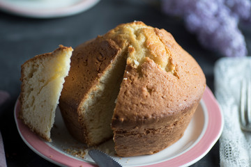 Homemade sponge cake with cream, flour, sugar, eggs and yeast. Delicious home made food.