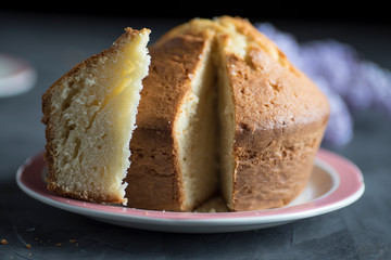Homemade sponge cake with cream, flour, sugar, eggs and yeast. Delicious home made food.