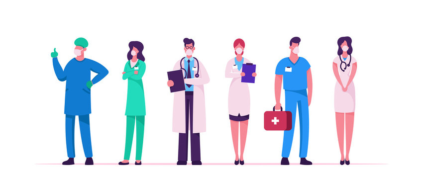 Hospital Healthcare Staff, Doctor Characters in Medical Masks and Robe during Covid19 Pandemic. Surgeon, Nurse in Uniform in Clinic. Medicine Profession, Occupation. Cartoon People Vector Illustration