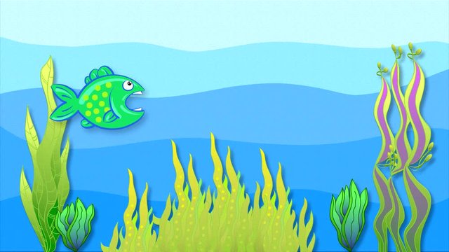 Red shrimp escapes from predatory fish among algae at the bottom of the sea. Animated looped paper footage with drawn characters. 1st part of 2.