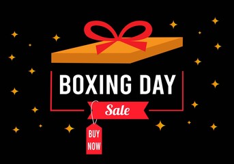 Boxing day sale in box line, red tape with yellow blink and black background